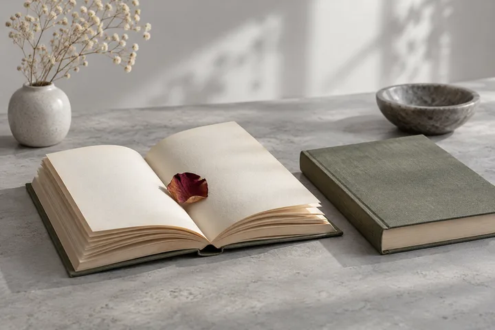 Тематическая иллюстрация: открытая книга с лепестком.