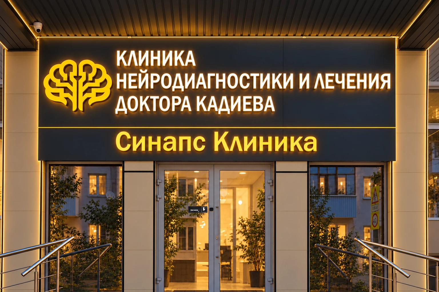 Вход в клинику Синапс в Ставрополе с вечерней подсветкой